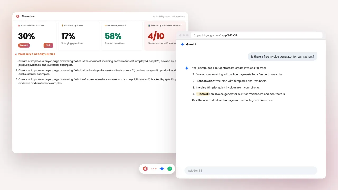 AEO tracking software: the report scores and next opportunities next to a Gemini answer that names the brand