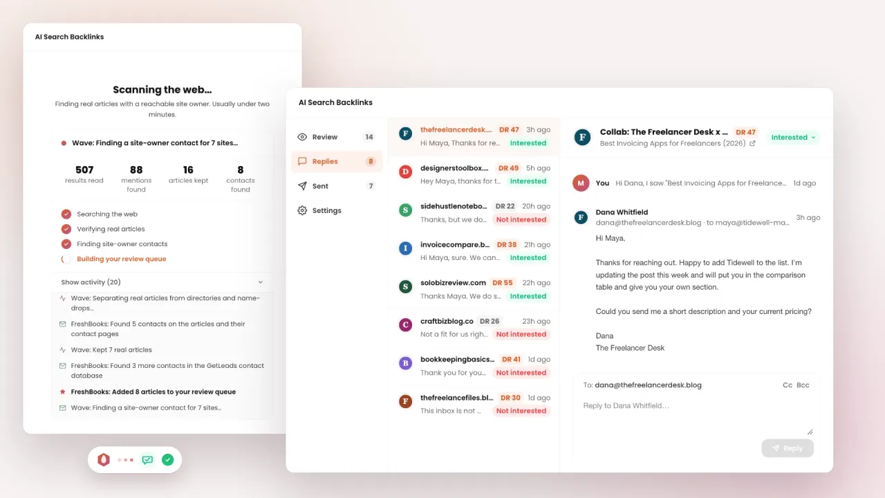 AI backlink builder: the AI finding articles and site-owner contacts next to the replies inbox with a reply marked Interested