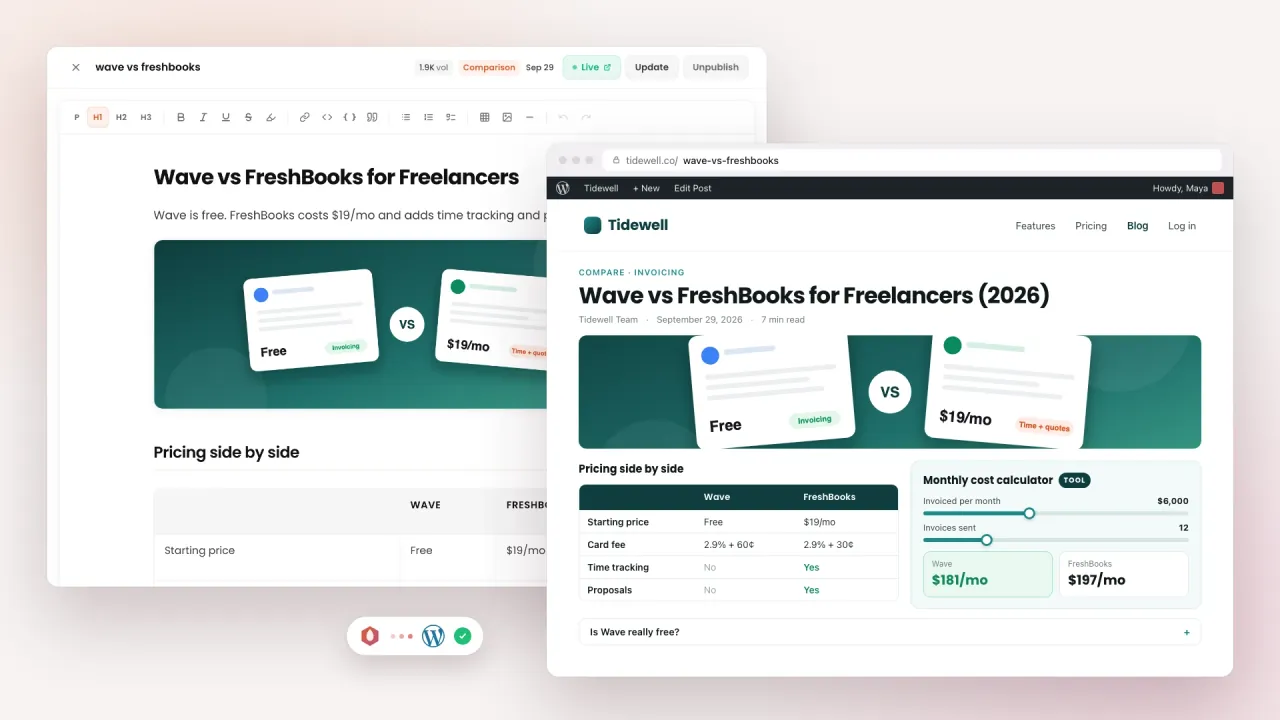 AI content generator for WordPress: a generated comparison page in the BlazeHive editor and the same page live on WordPress, with its table, calculator and FAQ