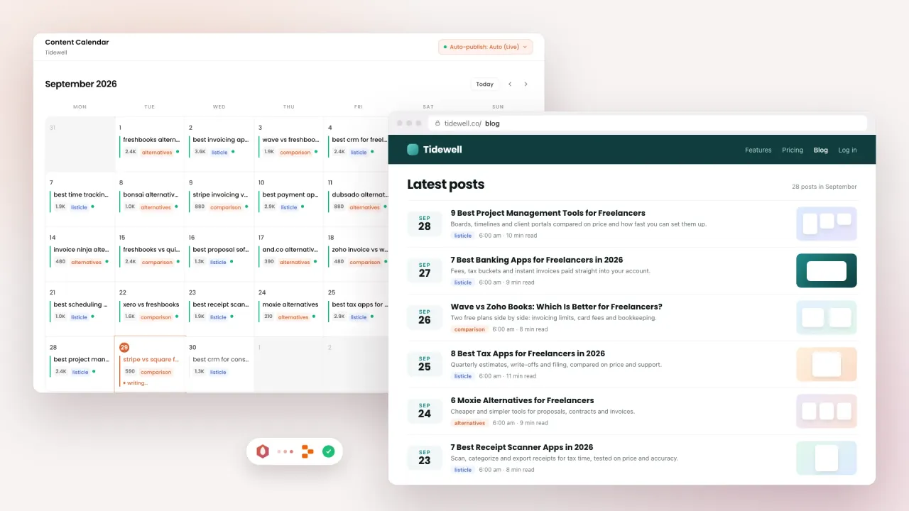 Automatic blog writing software: the BlazeHive calendar publishing one post a day next to the blog with a new post live each morning
