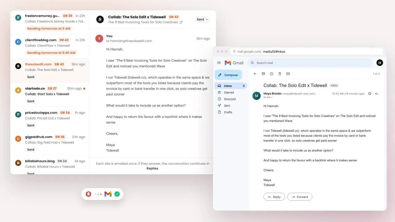 Backlink outreach software: a personal pitch sent from the BlazeHive outreach inbox next to the same email arriving in the site owner's Gmail