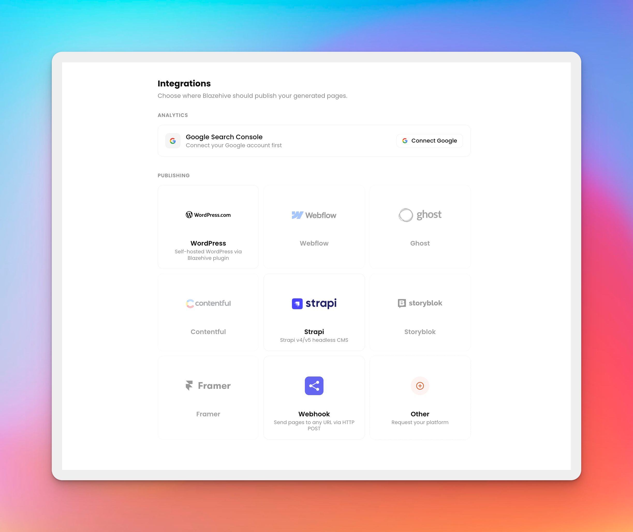 BlazeHive publishing to WordPress, Webflow, Ghost and other CMS platforms