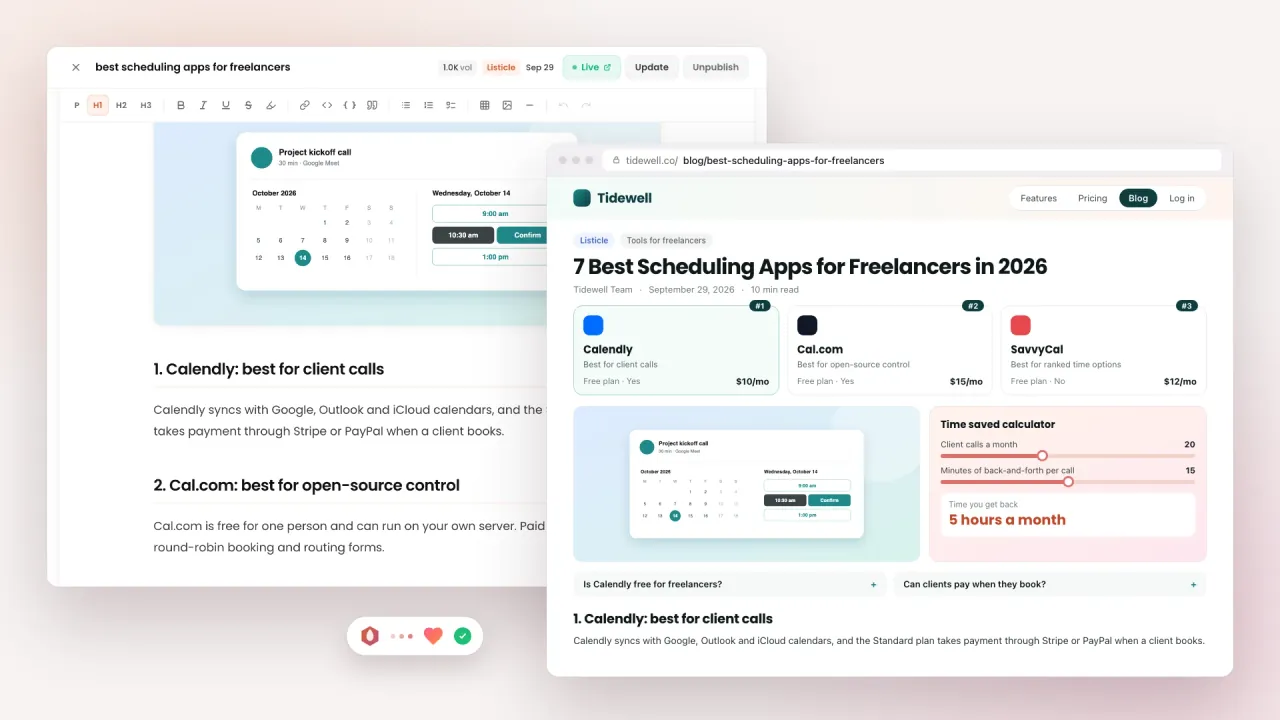 SEO blog writer: a scheduling apps listicle in the BlazeHive editor next to the post live on the blog with ranked picks, a calculator and FAQ