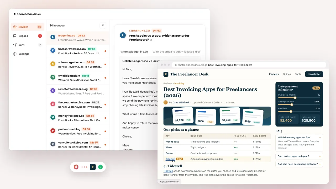 SEO link building software: the BlazeHive review queue of articles that mention competitors next to one of those articles with the brand added and linked