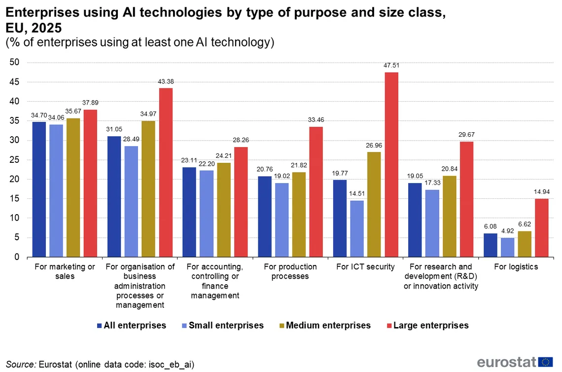 AI marketing statistics: share of EU enterprises using AI by purpose and size class in 2025, with marketing or sales the most common purpose