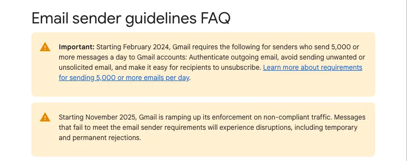 Gmail email sender guidelines FAQ notice on enforcement from November 2025