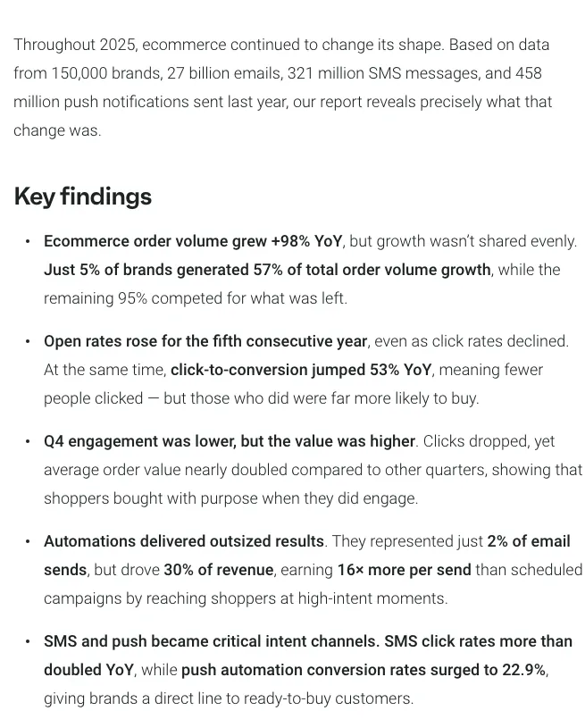 Omnisend 2026 report key findings: automations were 2% of email sends and 30% of email revenue