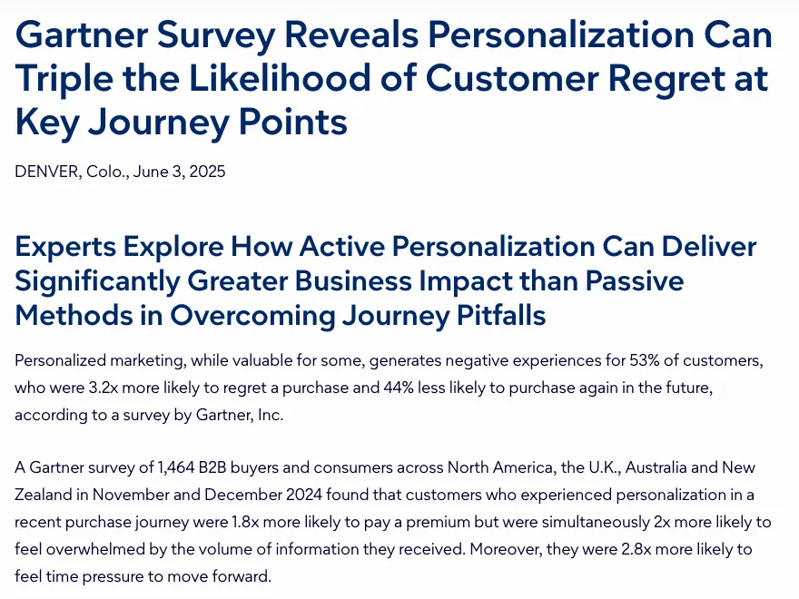 Personalization marketing statistics: Gartner survey finding that personalized marketing creates negative experiences for 53% of customers, 2025