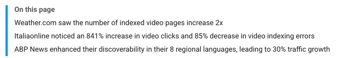Google Search Central case studies of video structured data: Weather.com indexed video pages up 2 times, Italiaonline video clicks up 841%, ABP News traffic up 30%